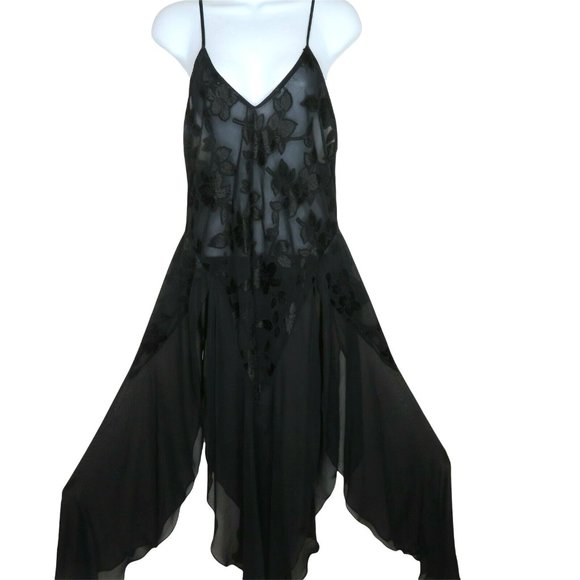 Vintage Sheer Chiffon Brocade Slip Nightgown M Black Sweeping Sheer Slit Panels - Picture 4 of 10